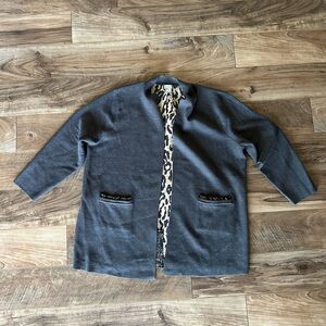 Chico's Gray Open-Front Cardigan with Leopard Trim